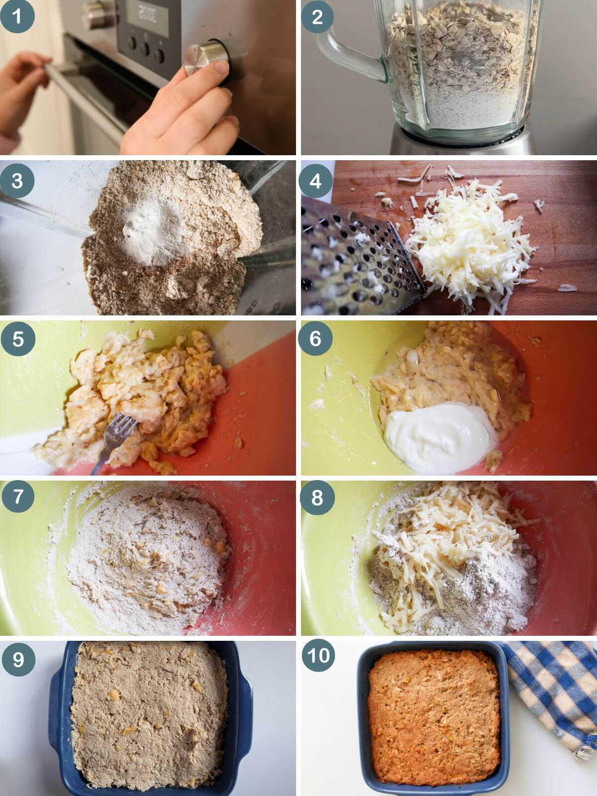 Collage of 10 images showing how to make teh recipe. 